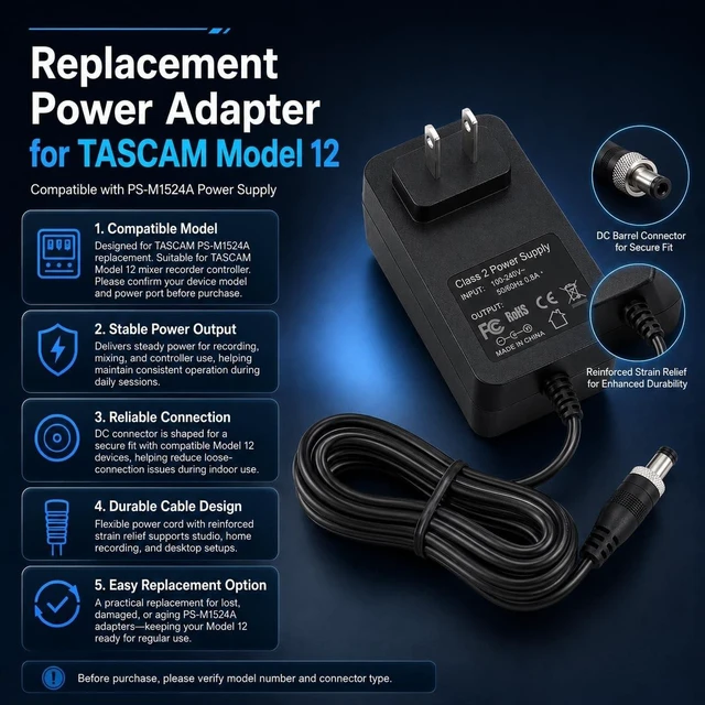 Alt view image 4 of 5 - 15V Power Adapter Charger for TASCAM PS-M1524A Power Supply for TASCAM Model 12 Mixer Recorder Controller Power Supply Cord Cable Charger PSU