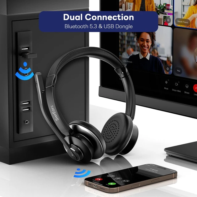 Alt view image 5 of 5 - SwrEorc Bluetooth Headset, Wireless Headset with Mic for Work, Advanced AI Noise Cancelling Microphone (Clear Calls & Mic Mute), Bluetooth 5.3, USB Dongle, Headphones with Mic, for PC/Zoom/Offi