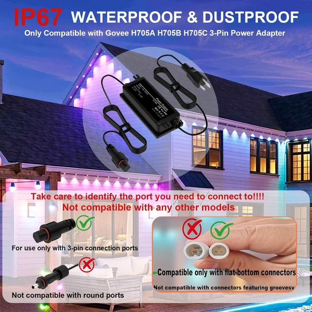 Alt view image 3 of 5 - 36V Waterproof Power Supply for Govee Permanent Outdoor Lights Only Compatible with Govee H705A H705B H705C Power Adapter Cord (not Compatible with grooved 3-pin connectors)