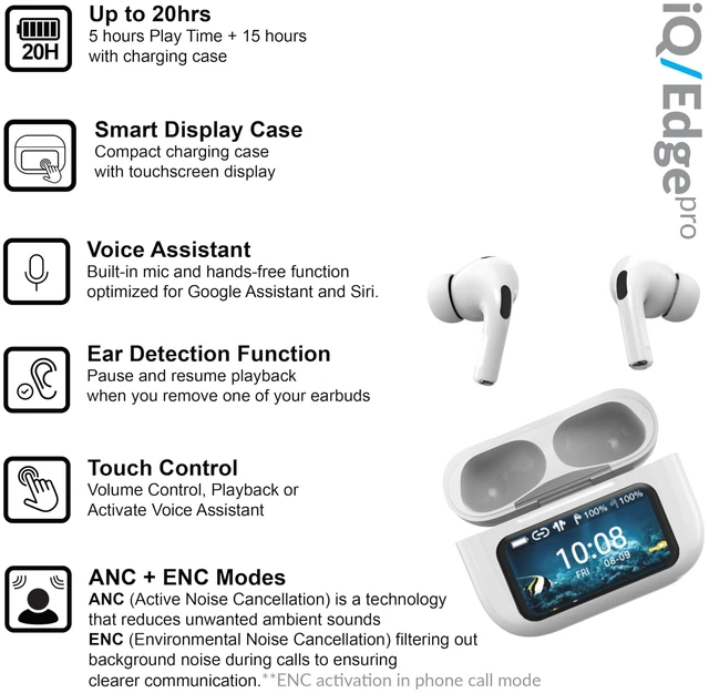 Alt view image 2 of 5 - IQ Sound IQ-341 ANC & ENC Bluetooth Earphone with Touchscreen Display Charging Case, True Wireless Earbuds, Stereo Sound, Dual Mic, Voice Assistant, In-Ear Detection, USB-C Charging (White)