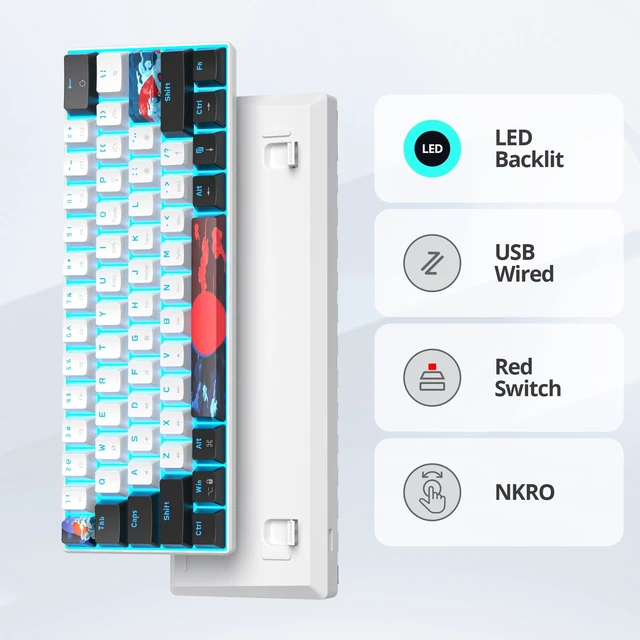 Alt view image 4 of 5 - Ussixchare 60 Percent Gaming Keyboard 61 Keys Mechanical Keyboard Ultra Compact Wird Keyboard LED Backlit with Red Switch for PC Laptop Gamer(61 White)