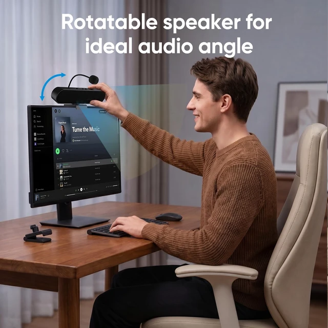 Alt view image 5 of 5 - Inwa Computer Speakers with Microphone for Desktop PC, USB Wired Clip On Computer Sound Bar, Plug-n-Play Laptop Speaker w/Mic for Meeting/Gaming/Learning, Clear Audio, Easily Clamps to Monitors