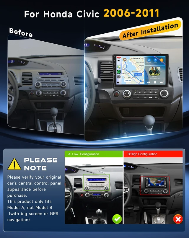 Alt view image 2 of 5 - Driauto Linux System Car Stereo for Honda Civic 2006 2007 2008 2009 2010 2011 with Wireless Carplay and Android Auto, 10 Inch for Honda Civic Radio Bluetooth Mirror Link WIFI SWC FM EQ USB+ Bac