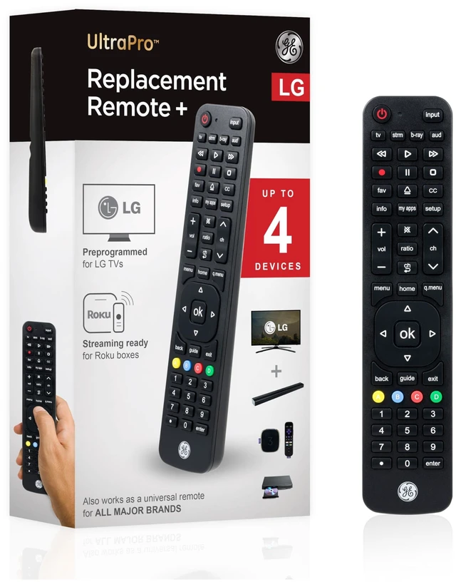 Main image of GE 4-Device Replacement Remote for LG Compatible with LED LCD HD UHD 4K HDR Smart TVs Plus Universal Remote Control Function for Streaming Players, Sound Bars, Blu-ray, DVD, and More, 57818