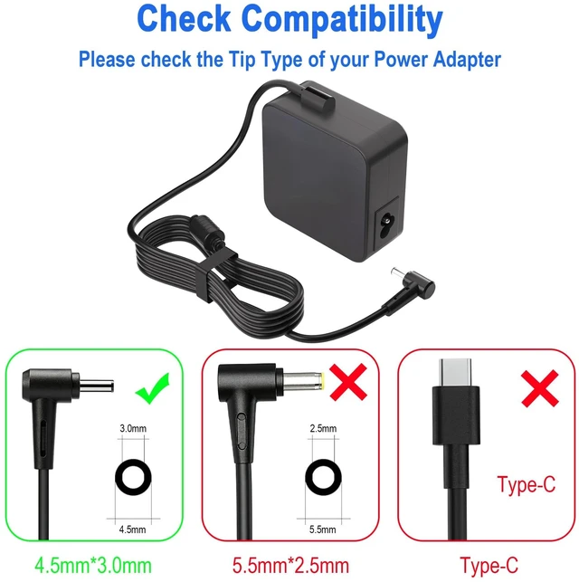 Alt view image 3 of 5 - 90W Laptop Charger Compatible with ASUS Vivobook 14X 15X 16X 17X M1603Q M1703Q M1403Q M1503Q K1703Z D1603Q Y1603C ExpertBook B1500 B1500CEPE B1500CEAE ZenBook 4.5x3.0mm Tip 19V 4.74A AC Power Cord