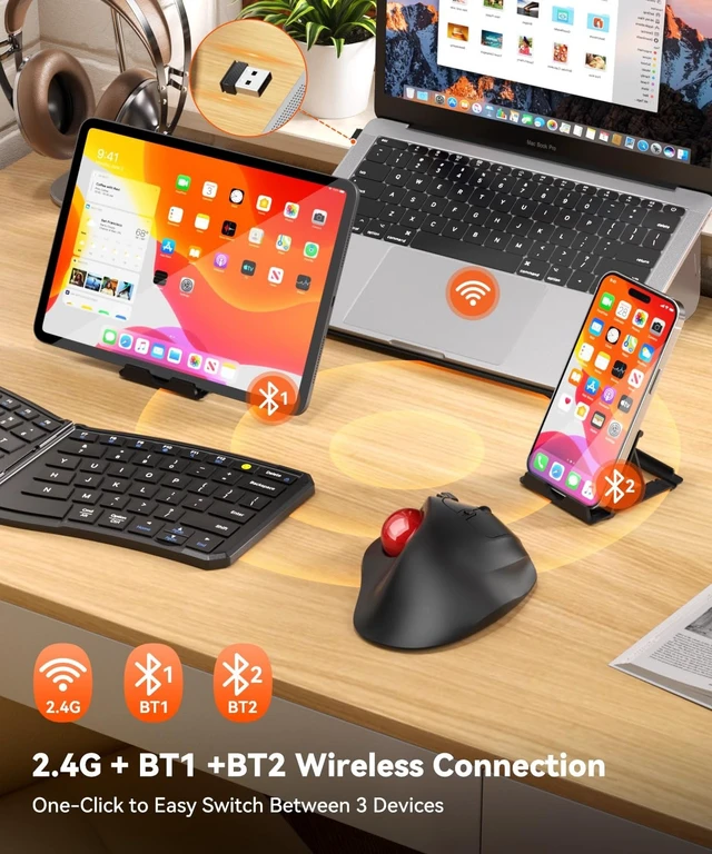 Alt view image 3 of 5 - Omikamo Ergonomic Wireless Trackball Mouse, Bluetooth & 2.4G, Red