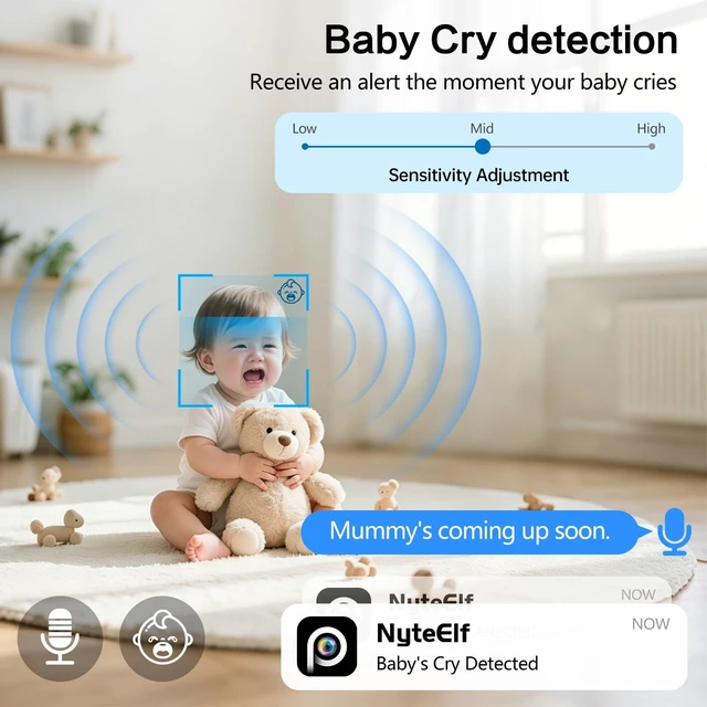 Alt view image 5 of 5 - NyteElf 2K Indoor Security Camera with Pan/Tilt, Baby Monitor & Pet Camera, AI Motion Tracking, Privacy Mode, Two-Way Audio, Cry Detection, Night Vision, 24/7 Continuous Recording