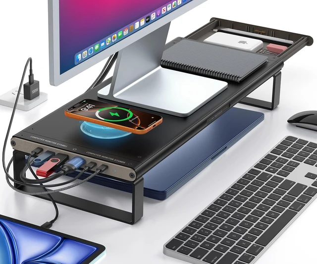 Main image of YICOSUN Monitor Stand HUB - Aluminum Riser with 6-in-1 Docking Station: 4K HDMI, USB-C, USB 3.0, PD 100W, Wireless Charging, Drawer Organizer - Black