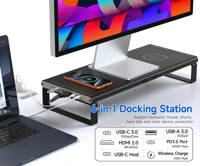 Alt view image 2 of 5 - YICOSUN Monitor Stand HUB - Aluminum Riser with 6-in-1 Docking Station: 4K HDMI, USB-C, USB 3.0, PD 100W, Wireless Charging, Drawer Organizer - Black