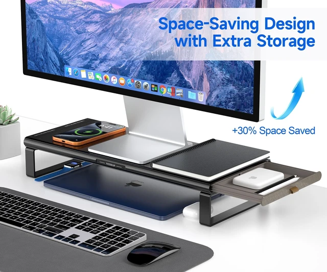 Alt view image 5 of 5 - YICOSUN Monitor Stand HUB - Aluminum Riser with 6-in-1 Docking Station: 4K HDMI, USB-C, USB 3.0, PD 100W, Wireless Charging, Drawer Organizer - Black