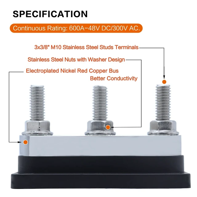 Alt view image 2 of 5 - AMOMD 2 Pack 600A High Current Bus Bar Nickel Plated Copper Distribution Block with 3 Studs (3/8 inch) M10 Ideal for Electrical Battery Ground Connections Includes Cover for DC 12V 24V 48V System