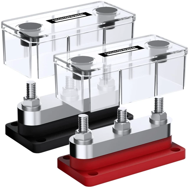 Main image of AMOMD 2 Pack 600A High Current Bus Bar Nickel Plated Copper Distribution Block with 3 Studs (3/8 inch) M10 Ideal for Electrical Battery Ground Connections Includes Cover for DC 12V 24V 48V System