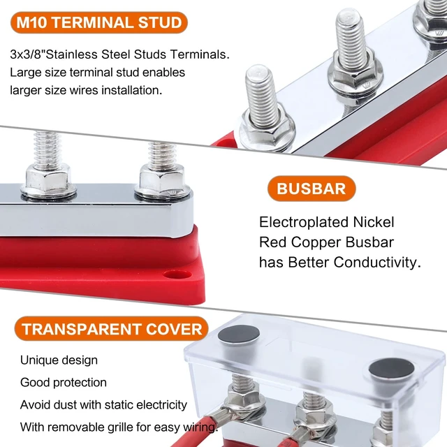 Alt view image 3 of 5 - AMOMD 2 Pack 600A High Current Bus Bar Nickel Plated Copper Distribution Block with 3 Studs (3/8 inch) M10 Ideal for Electrical Battery Ground Connections Includes Cover for DC 12V 24V 48V System