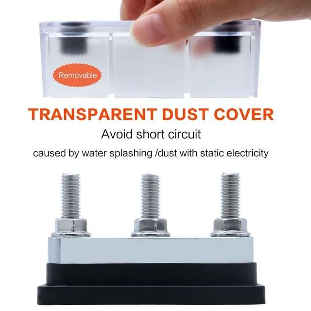 Alt view image 4 of 5 - AMOMD 2 Pack 600A High Current Bus Bar Nickel Plated Copper Distribution Block with 3 Studs (3/8 inch) M10 Ideal for Electrical Battery Ground Connections Includes Cover for DC 12V 24V 48V System