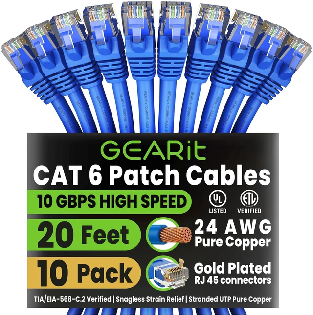 Main image of GEARit Cat6 Patch Cables Cat 6 Ethernet Cable 20 ft 10-Pack Blue