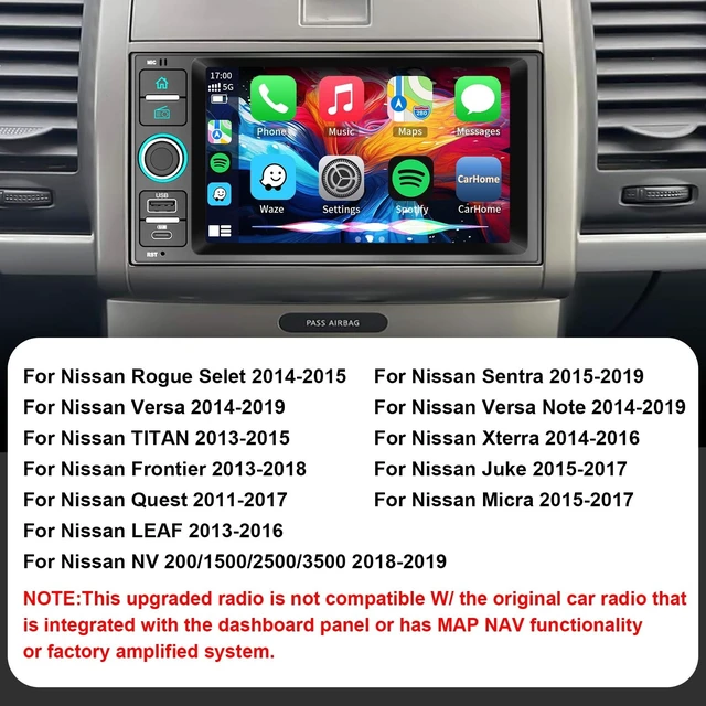 Alt view image 2 of 5 - Plug & Play Car Radio for Nissan Rogue Selet 2014-2015,Sentra 2015-2019, Versa/Versa Note2014-2019, Titan 2013-2015, Frontier 2013-2018, Quest 2011-2017, 7" Screen with CarPlay&Android Auto
