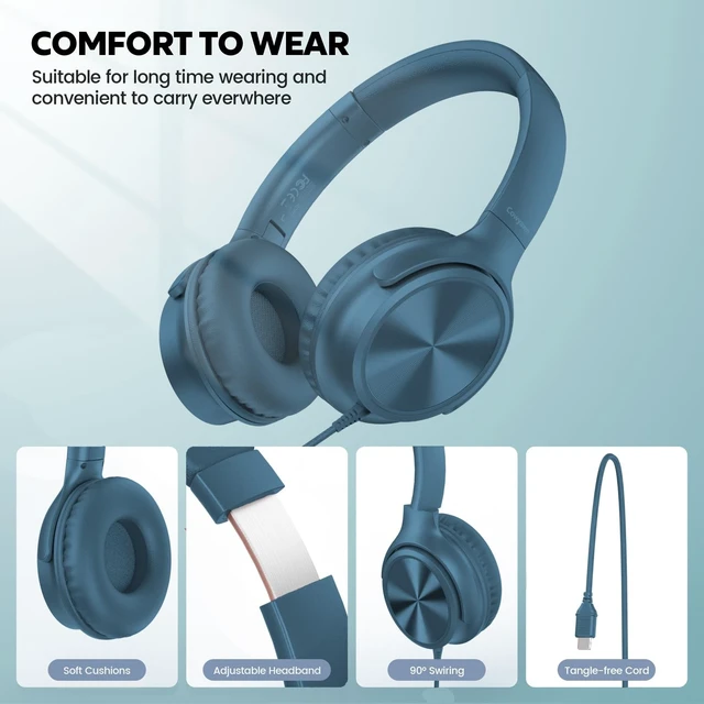 Alt view image 3 of 5 - Cowyawn USB C Headphones Wired, Over Ear USB C Wired Headphones with Microphone, Volume Control, HD Stereo Sound, Foldable USB Type C Headphone for Adult/Teens/Laptop/Computer/iPhone 15/16/17, Blue