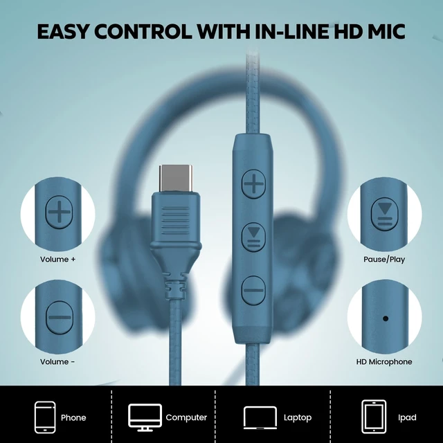 Alt view image 5 of 5 - Cowyawn USB C Headphones Wired, Over Ear USB C Wired Headphones with Microphone, Volume Control, HD Stereo Sound, Foldable USB Type C Headphone for Adult/Teens/Laptop/Computer/iPhone 15/16/17, Blue
