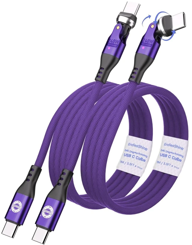 Main image of EndlesShine USB C to C Cable 1m Purple, 540 Rotation 240W PD Fast Charging 480Mbps Data Transfer, Type C Charger Cord with E-Marker Chip, for Laptop Phone iPad, 2Pack