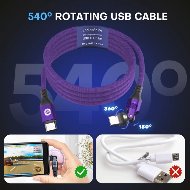 Alt view image 2 of 5 - EndlesShine USB C to C Cable 1m Purple, 540 Rotation 240W PD Fast Charging 480Mbps Data Transfer, Type C Charger Cord with E-Marker Chip, for Laptop Phone iPad, 2Pack