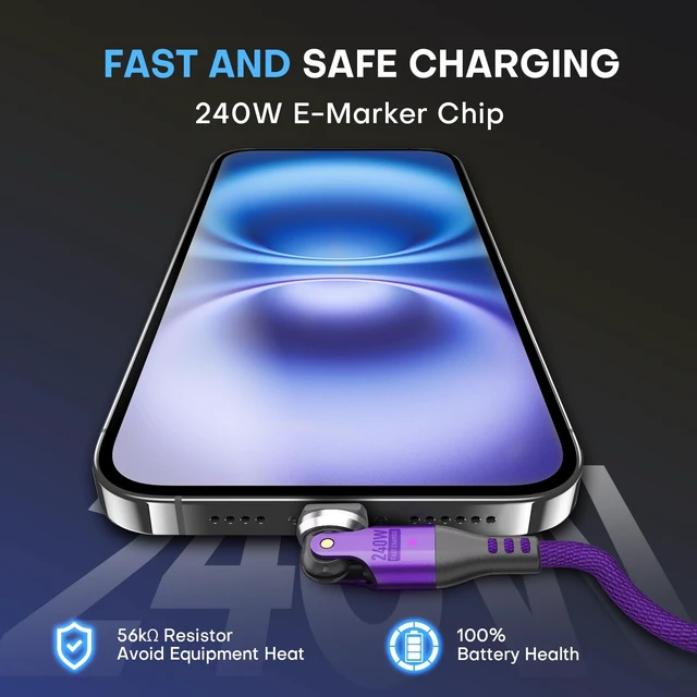 Alt view image 5 of 5 - EndlesShine USB C to C Cable 1m Purple, 540 Rotation 240W PD Fast Charging 480Mbps Data Transfer, Type C Charger Cord with E-Marker Chip, for Laptop Phone iPad, 2Pack
