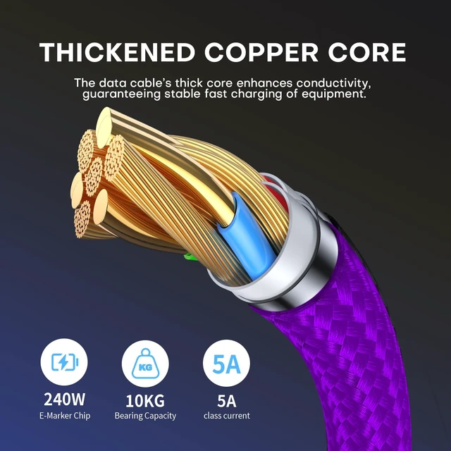 Alt view image 4 of 5 - EndlesShine USB C to C Cable 1m Purple, 540 Rotation 240W PD Fast Charging 480Mbps Data Transfer, Type C Charger Cord with E-Marker Chip, for Laptop Phone iPad, 2Pack