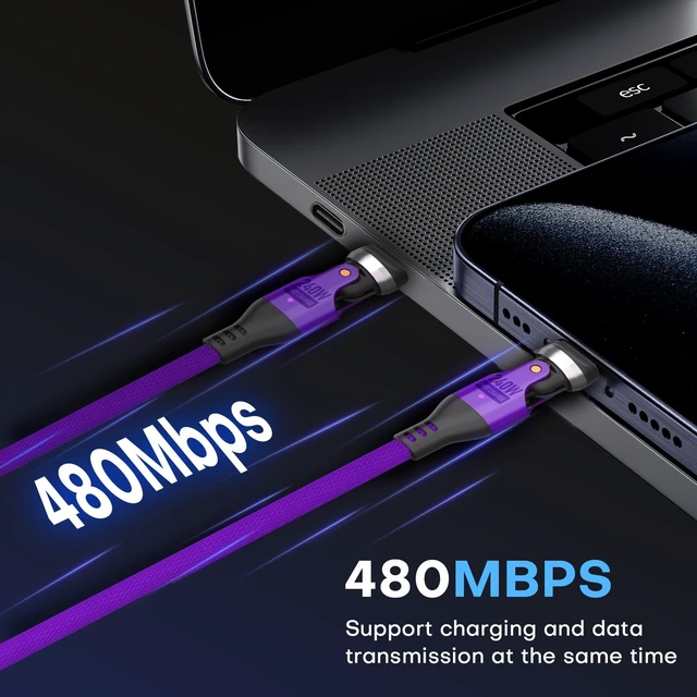 Alt view image 3 of 5 - EndlesShine USB C to C Cable 1m Purple, 540 Rotation 240W PD Fast Charging 480Mbps Data Transfer, Type C Charger Cord with E-Marker Chip, for Laptop Phone iPad, 2Pack