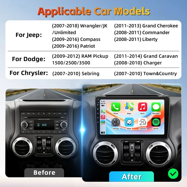 Alt view image 3 of 5 - Car Radio Stereo for Jeep Wrangler JK 2007-2018 with Wireless CarPlay