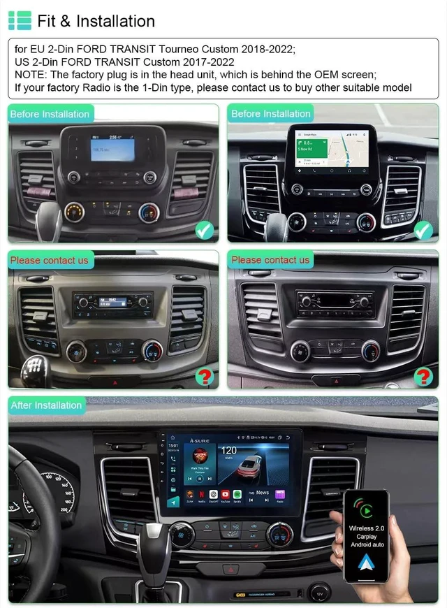 Alt view image 3 of 5 - Double Din Car Radio for Ford Transit Custom 2020-2024 with Wireless CarPlay and Android Auto, 10 Inch Touchscreen Android 14 Car Stereo Head Unit with Bluetooth GPS WiFi FM SWC Backup Camera,