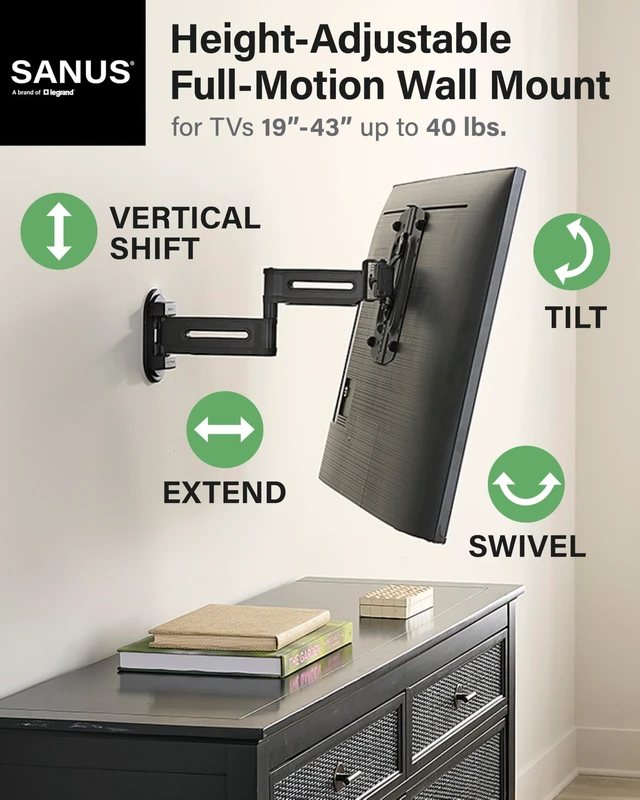 Alt view image 2 of 5 - SANUS Height Adjustable Full Motion TV Wall Mount for 19 to 43 TVs Raise or Lower TV 2 After Install Maximizes Compatibility with Your Setup 3 Step DIY w/Smooth Extension, Tilt & Swivel