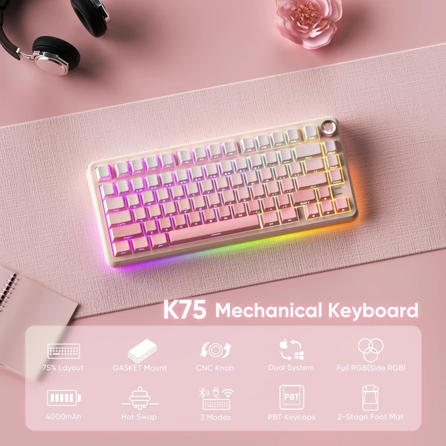 Alt view image 2 of 5 - RedThunder K75 Wireless Mechanical Gaming Keyboard, 75% Hot Swappable Creamy Keyboard with Knob, RGB Backlit, Pre-lubed Switches, Side Engraved PBT Keycaps, Wireless/Wired/BT5.0, Gradien