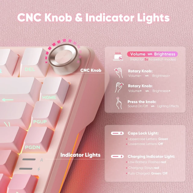 Alt view image 3 of 5 - RedThunder K75 Wireless Mechanical Gaming Keyboard, 75% Hot Swappable Creamy Keyboard with Knob, RGB Backlit, Pre-lubed Switches, Side Engraved PBT Keycaps, Wireless/Wired/BT5.0, Gradien