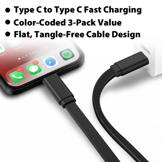 Alt view image 2 of 5 - Travel Depot Flat USB C Cable 3-Pack, 100W Fast Charging & Data Sync, 4ft