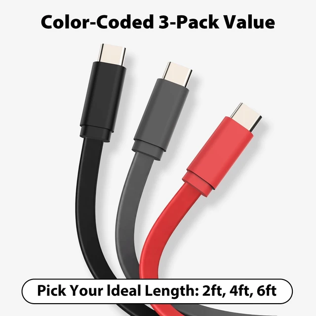 Alt view image 4 of 5 - Travel Depot Flat USB C Cable 3-Pack, 100W Fast Charging & Data Sync, 4ft