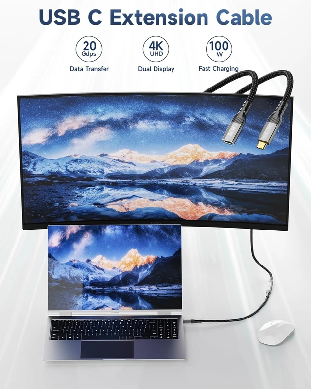 Alt view image 3 of 5 - HOTUTUKI Long USB c Extension Cable 20FT, 20Gbps,100W,4K@60Hz Video Output, Nylon Braided,USB3.2 Type C Extender Cord Male to Female Compatible with Thunderbolt 4/3,Monitor,Display