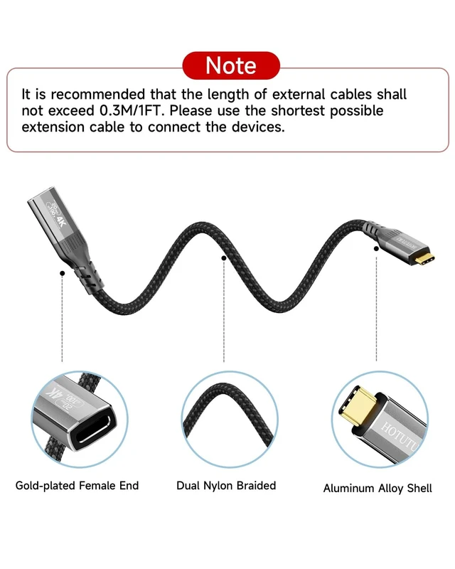 Alt view image 2 of 5 - HOTUTUKI Long USB c Extension Cable 20FT, 20Gbps,100W,4K@60Hz Video Output, Nylon Braided,USB3.2 Type C Extender Cord Male to Female Compatible with Thunderbolt 4/3,Monitor,Display