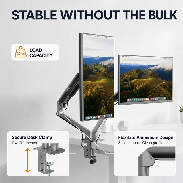 Alt view image 3 of 5 - 3IDEE FlexiLite Dual Monitor Arm Desk Mount for 17-32" Screens, Holds up to 20 lbs per Monitor, Slim Aluminium Design, Fully Adjustable, Quick Box to Desk Setup, Clamp/Grommet Base, VESA 75/100