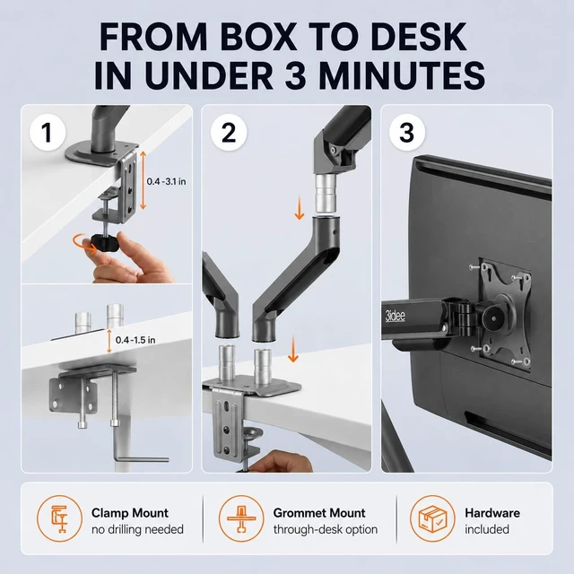 Alt view image 4 of 5 - 3IDEE FlexiLite Dual Monitor Arm Desk Mount for 17-32" Screens, Holds up to 20 lbs per Monitor, Slim Aluminium Design, Fully Adjustable, Quick Box to Desk Setup, Clamp/Grommet Base, VESA 75/100
