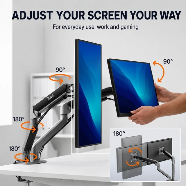 Alt view image 5 of 5 - 3IDEE FlexiLite Dual Monitor Arm Desk Mount for 17-32" Screens, Holds up to 20 lbs per Monitor, Slim Aluminium Design, Fully Adjustable, Quick Box to Desk Setup, Clamp/Grommet Base, VESA 75/100