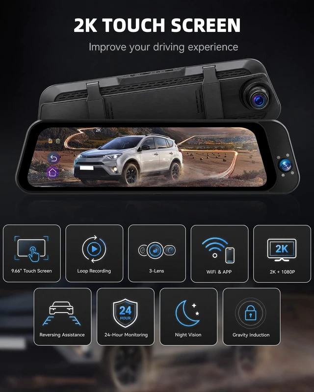 Alt view image 2 of 5 - 2k 3 Channel 9.66'' WiFi Mirror Dash Cam with Front and Rear Camera IPS Touchscreen,Triple Rear View Mirror Camera with App Recording,Reversing Display,Night Vision, G-Sensor Parking Monitor