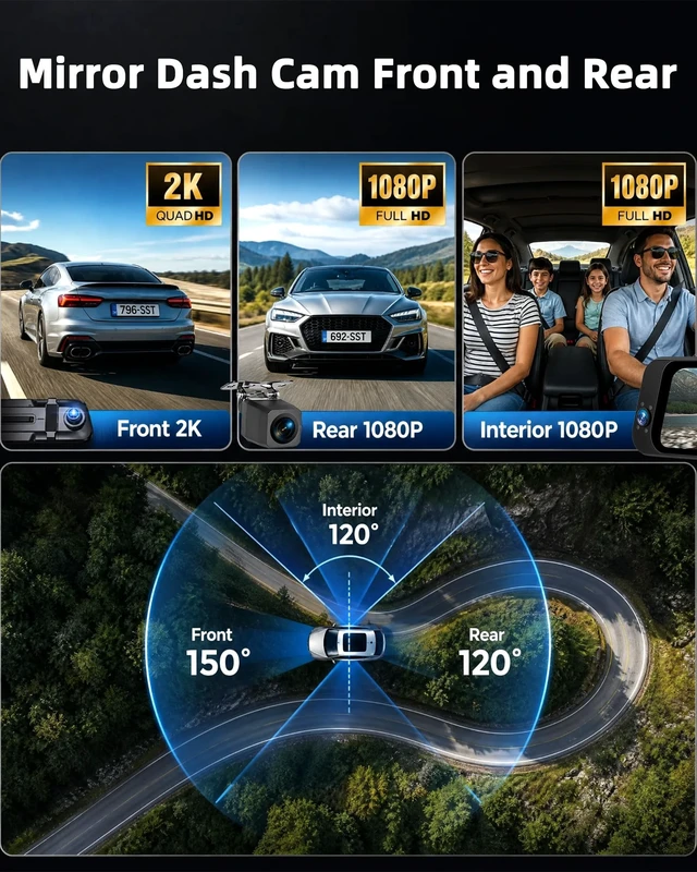 Alt view image 3 of 5 - 2k 3 Channel 9.66'' WiFi Mirror Dash Cam with Front and Rear Camera IPS Touchscreen,Triple Rear View Mirror Camera with App Recording,Reversing Display,Night Vision, G-Sensor Parking Monitor