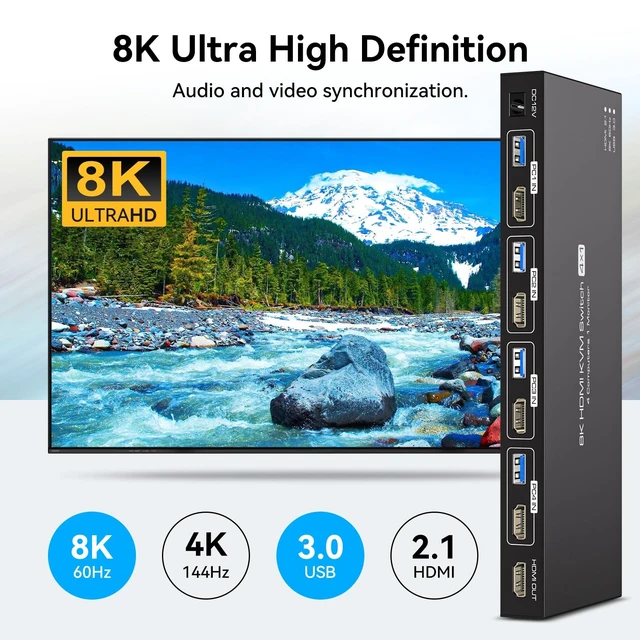 Alt view image 5 of 5 - PVBCTCSID 8K HDMI KVM Switch 4 Computers 1 Monitor 4K144Hz EDID 4 Port KVM for 4 PC Sharing 1 Monitor and 4 USB 3.0 Devices with Controller Gray
