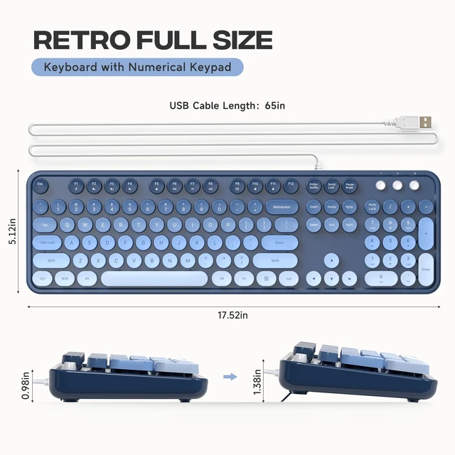 Alt view image 3 of 4 - KNOWSQT Wired Computer Keyboard - SkyBlue-Gradient Retro Full Size Round Keycaps Plug and Play Typewriter Cute Keyboards for Windows, Laptop, PC, Desktop, Computer