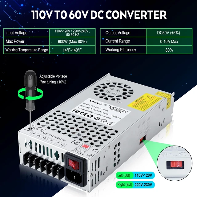 Alt view image 3 of 5 - VAYALT DC 60V 10A 600W Switching Power Supply, 110V/220V AC to DC Converter, Universal Regulated Switching, 60V Power Supply for CCTV Camera System, 3D Printer, LED Strip, Computer Project