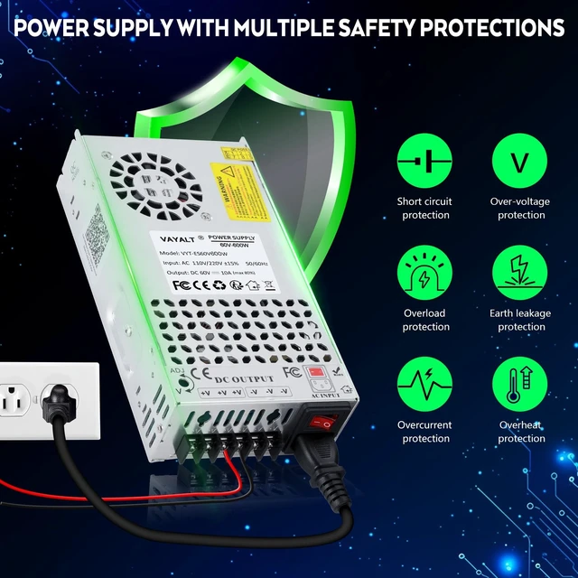 Alt view image 5 of 5 - VAYALT DC 60V 10A 600W Switching Power Supply, 110V/220V AC to DC Converter, Universal Regulated Switching, 60V Power Supply for CCTV Camera System, 3D Printer, LED Strip, Computer Project