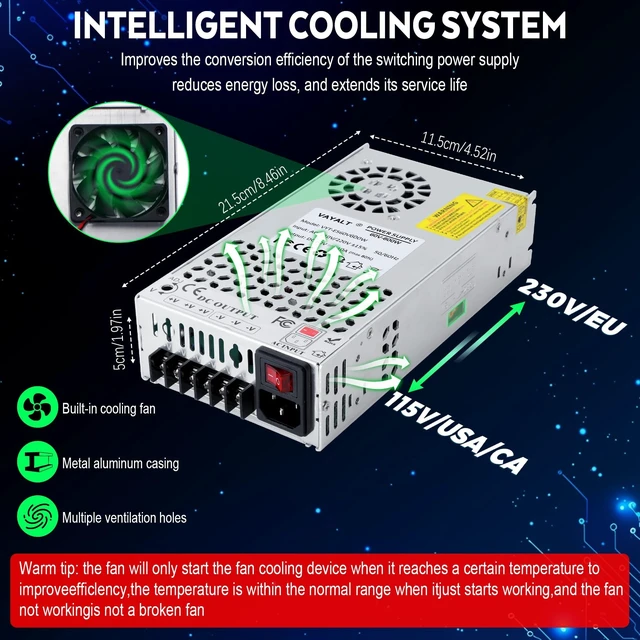 Alt view image 4 of 5 - VAYALT DC 60V 10A 600W Switching Power Supply, 110V/220V AC to DC Converter, Universal Regulated Switching, 60V Power Supply for CCTV Camera System, 3D Printer, LED Strip, Computer Project