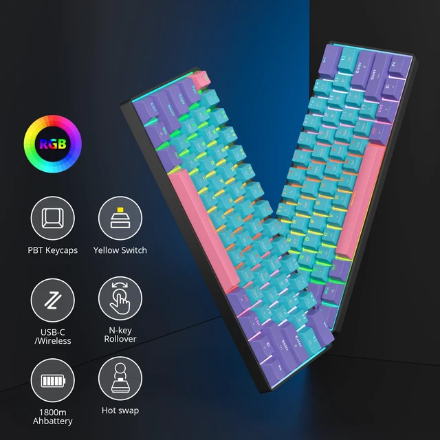 Alt view image 2 of 5 - Ussixchare Wireless Gaming Keyboard, 60% Hot Swappable Mechanical Keyboard with RGB Backlit, PBT Keycaps Bluetooth 5.0/Type-C for PC Laptop Gamer(Joker,Yellow Switch)
