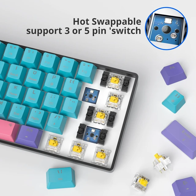 Alt view image 3 of 5 - Ussixchare Wireless Gaming Keyboard, 60% Hot Swappable Mechanical Keyboard with RGB Backlit, PBT Keycaps Bluetooth 5.0/Type-C for PC Laptop Gamer(Joker,Yellow Switch)