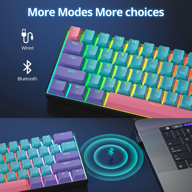 Alt view image 4 of 5 - Ussixchare Wireless Gaming Keyboard, 60% Hot Swappable Mechanical Keyboard with RGB Backlit, PBT Keycaps Bluetooth 5.0/Type-C for PC Laptop Gamer(Joker,Yellow Switch)
