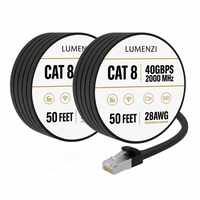 Main image of Lumenzi Cat8 Flat Ethernet Cable 50ft, 2 Pc Pack, 40Gbps 2000MHz Network Patch Cord, S/FTP Shielded LAN Cable, ETL Listed, RoHS Compliant, with RJ45 Connectors for Gaming, Router, Modem & Laptop